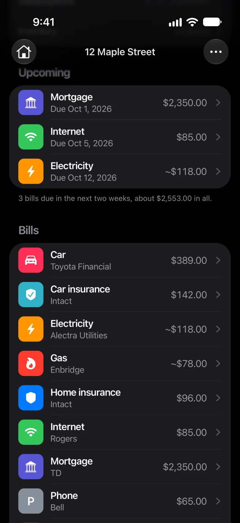 Bills due in the next two weeks: mortgage, internet and electricity