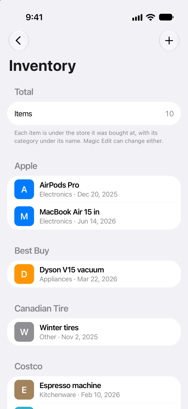 Inventory: things listed under the store they came from, like AirPods Pro under Apple